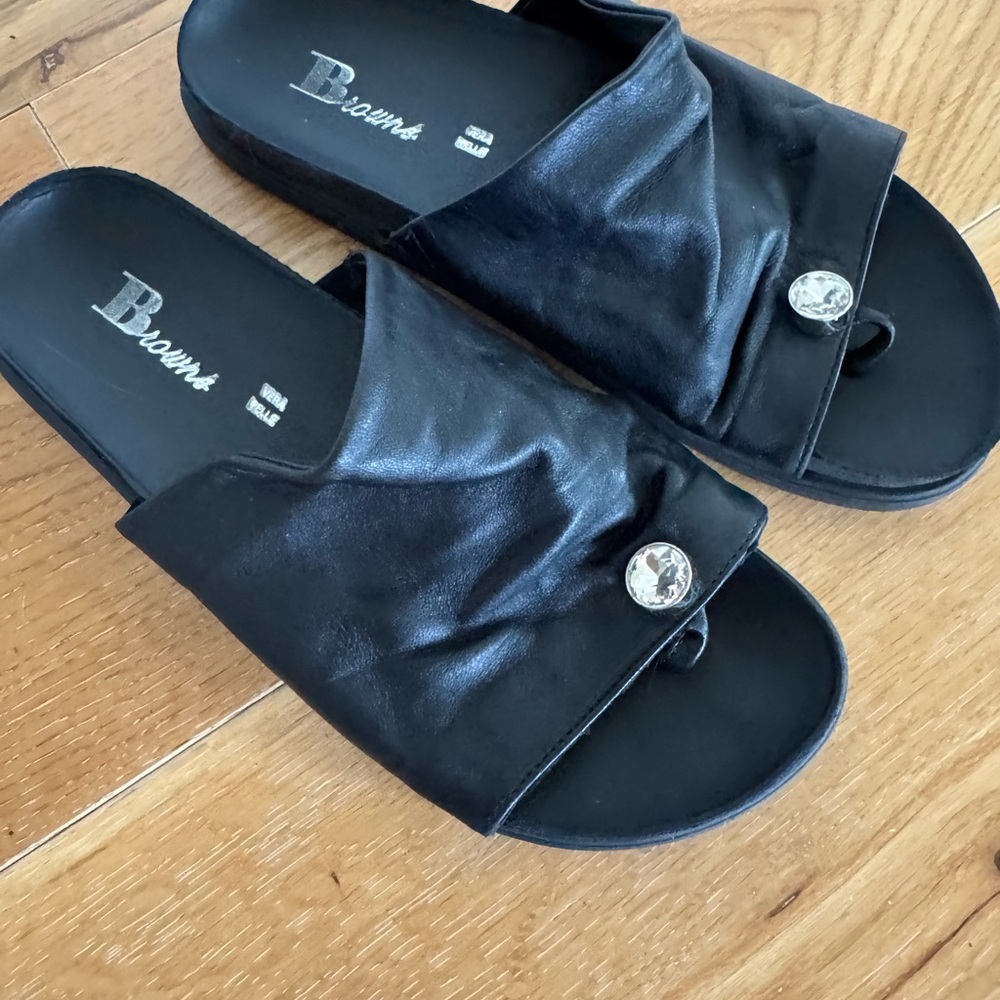 Black Leather Slide Sandals